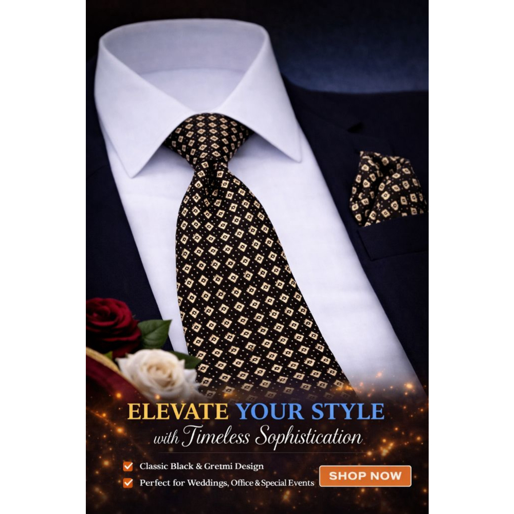Neiman Marcus Black Gold Geometric Pattern Men's Silk Tie